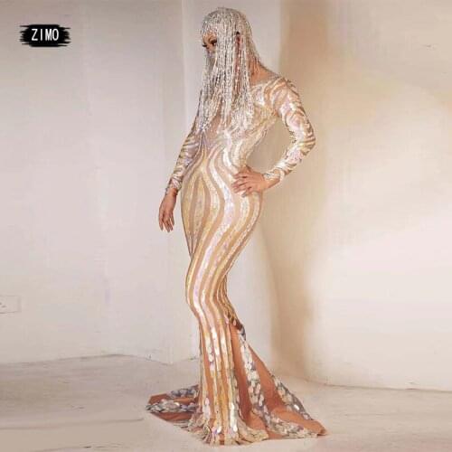 Sequined Rhinestone Dress And Headwear Women Sexy Prom Party Long Tail Dress Stage Performance Costume Accessories Designer New
