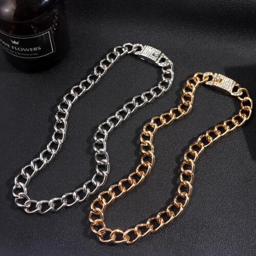 Flatfoosie Fashion Metal Curb Cuban Link Chain Necklaces for Men Women Hip Hop Rhinestone Chunky Choker Necklace 2021 Jewelry