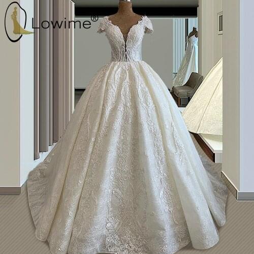 Dubai Ivory Lace Wedding Dresses Sexy V Neck A Line Ruched Bridal Gowns Custom Made