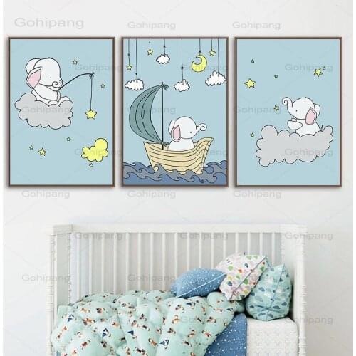 Canvas Poster Cute Elephant Starry Sky Cartoon Combination Poster Print Nordic Minimalist Style Art Pattern Modular Baby Bedroom
