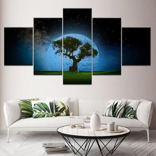 Canvas Painting Lucky tree with moon star sky landscape 5 Pieces Wall Art Painting Modular Wallpapers Poster Print Home Decor