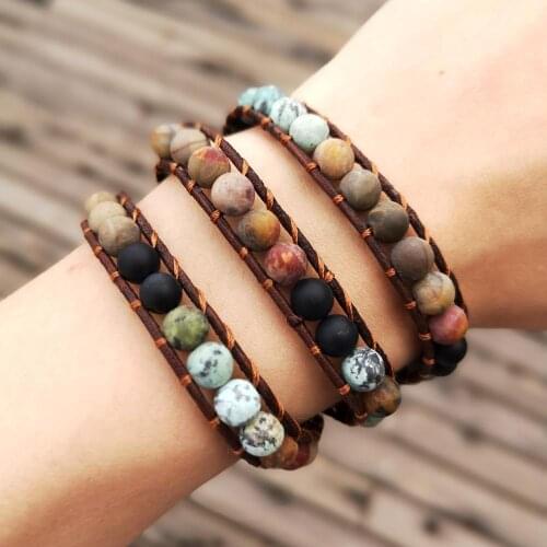 Leather Rope Beads Handmade Bracelet Boho Natural Stone Multi Layer Wrap Chakra Bracelets Women Mens Wristband Hand Dispenser