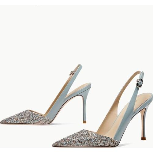 Summer new sequins and color matching pointed buckle strap stiletto bridal wedding shoes banquet dress all-match female sandals