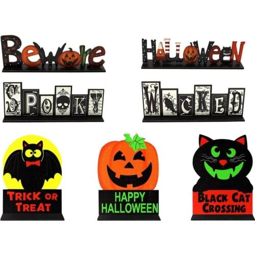 Happy Halloween Welcome Table Sign Wood Decoration For Home Table Centerpieces Ornaments Creative Pumpkins Bat Cat Figurines