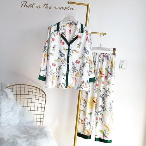 Autumn New Womens Long-sleeved Ice Silk Pajama Set Satin Flower Print Pajamas Thin V-neck Cardigan Pyjamas