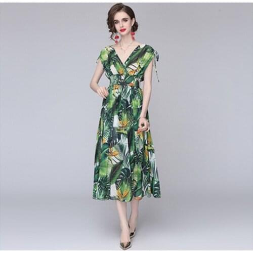 New Summer Boho Chiffon Dresses Womens Fashion V-Neck Sleeveless Elastic High Waist Green Flowers Print Fold Holiday Midi Dress