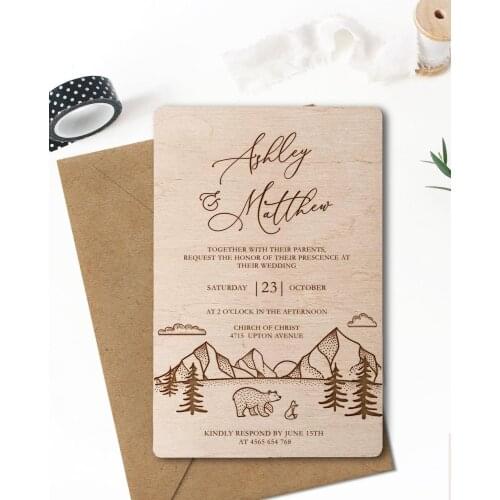 Personalized Forest wood wedding wedding invitation Rustic Adventure Mountain wooden wedding invitations