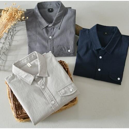 2020 Autumn simple mens casual loose shirt light retro solid color stereo pocket soft and comfortable cotton long sleeve shirt