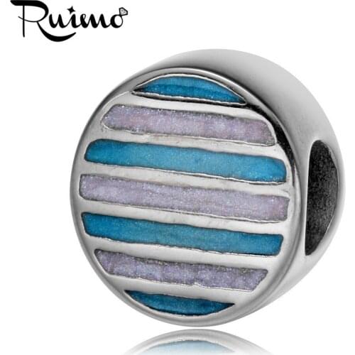 RUIMO Pan Style 316l Stainless Steel Enamel Blue & White Stripe Shamballa Beads European Large Hole Bead Charms Accessories