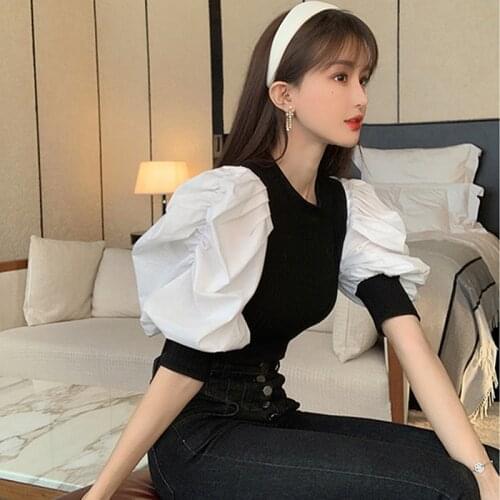 Chic Puff Sleeve Knitted Blouse Women Summer 2020 New Fashion Stretch Knit White Black Shirt Patchwork Blouse Ruffles Tops