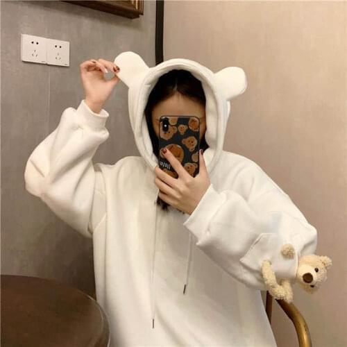 Sweatshirts mens and womens pocket Bear Plush thickened fashionable autumn and winter Korean loose hooded coat Streetwear