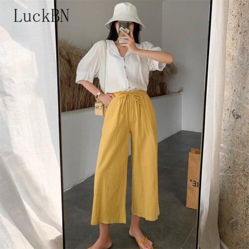 Womens Spring Summer Trousers Cotton Linen Solid Elastic Waist Wide-leg Pants Soft Thin Womens Clothing Trousers S-XXL 2021