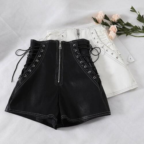Anself Autumn Winter Sexy Women Faux PU Shorts Lace-Up Bandage High Waist Fake Leather Short Solid Slim Hot Short Feminino