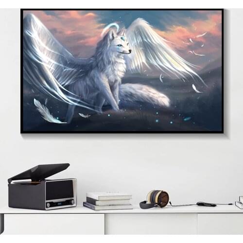 Abstract Animals White Snow Wolf with Wings Canvas Paintings Wall Art Posters and Prints Pictures for Living Room Decor No Frame
