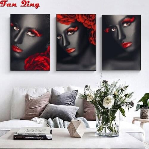 3pcs 5D DIY Diamond embroiderySexy red lips black woman Full drill rhinestone Mosaic Diamond Painting cross stitch Gift