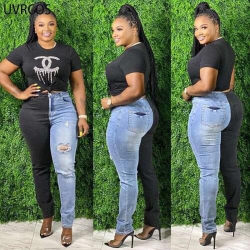 UVRCOS Traf Jean Summer Women Y2K Clothes Two-tone Stitching Button-shaped Ripped Fashionable Pockets Gothic Buckled Jean Femme