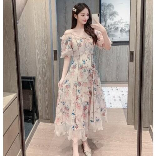 French Fashion Women Short Sleeve Ruffles Elegant Off Shoulder Camisole Dresses High Waist Patchwork Mesh Floral Dress