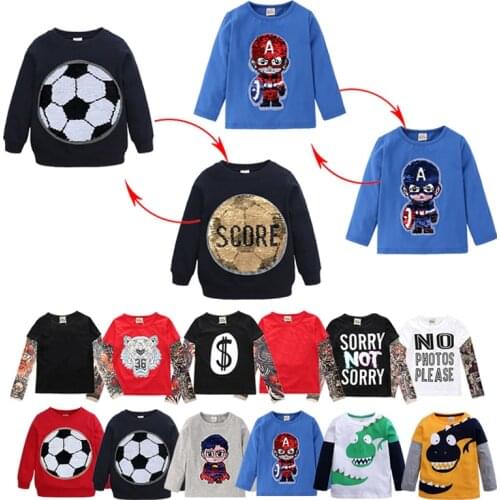 Boys Girls Tshirt Novelty Tattoo Print Spring Cotton Shirt Autumn Sequins Change Color Captain America Outfit 1-7 Years Clothes