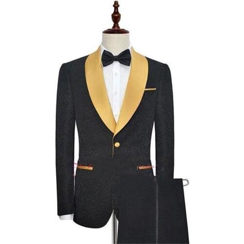 Black Jacquard print Man Suit for Wedding Tuxedos with Gold Shawl Lapel Evening Prom Men Suits Two Piece Man Set Jacket Pants