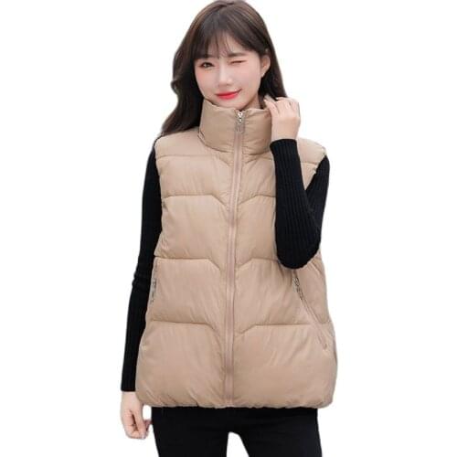 2021 New Womens Autumn Winter Vest Short Jacket Simple Large Size Girl Coat Stand Collar Warm Cotton Slim Waistcoat Women Top