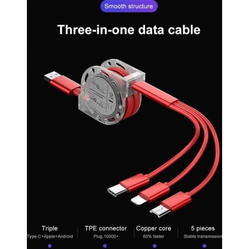 New Hot 3in1 Retractable USB Type C Micro USB charge Cable for mobile phone Charger Cable 1m 2.4A Fast Charging TPE cord