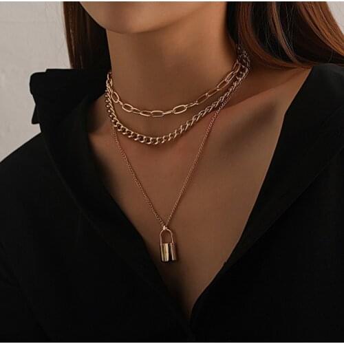 New Fashion Punk Exaggerated Multilayer Necklace Womens Geometric Lock Pendant
