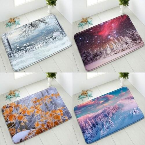 Anti-Slip Bath Mat Winter Landscape Snow Scenery Tree Plant Indoor Carpet Bedroom Kitchen Doormat Washable Floor Mats Home Decor
