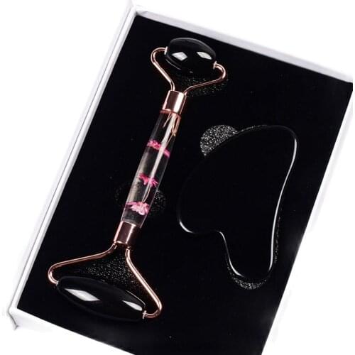 Black Obsidian Face Care Massage Roller Gua Sha Tool Set Natural Crystal Mineral Stone Health Skin Acupuncture Beauty Massager