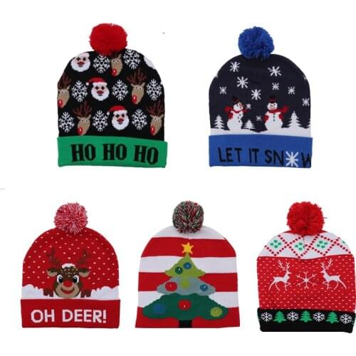 2020 Christmas LED Knit Cap Light-up Knitted Beanie Letter Holiday Beanie Hat Festive & Party Supplies Wholesale