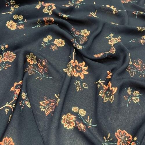 140CM Wide 18MM Floral Print Black Silk Crepe Fabric for Summer Dress Shirt Cheongsam Suit Pants G047