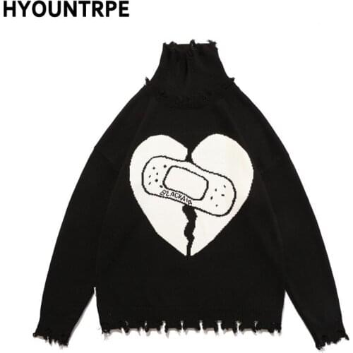 Destroyed Ripped Knitted Sweater Men Pattern Pullover Long Sleeve Turtleneck Oversize Winter Sweater Streetwear Jumper Sweaters