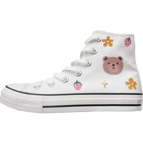 White Shoes for Girl Women 2020 Autumn Sweet Bear Strawberry Pattern Hand-painted Cute Canvas Shoes Female