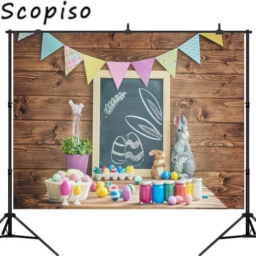Scopiso Spring Easter Photography Backdrops Eggs Bunting Rabbit Brown Wooden Wall Kids Background Photo Studio Shoot Props