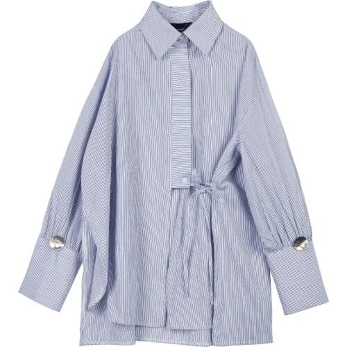 2017 spring vertical stripe shirt youoccasionally female bow bandage female 0227