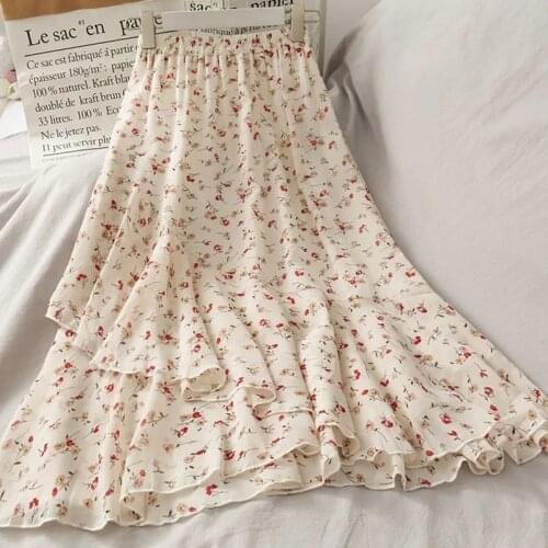 Vintage Floral Print A-Line Pleated Long Skirts Summer Women Korean Skirt Streetwear Drawstring Elastic Waist Midi Skirt