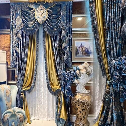 Curtain custom European American villa curtain velvet Damascus European flower new Chinese living room bedroom balcony window