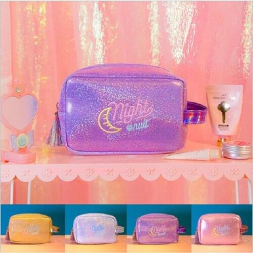 Moon Shiny Tassels Women Cosmetic Bag Gilrs Make up Case Pouch Embroidery Light Travel Clutch Box Toiletry Wash Handbag
