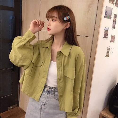Women Casual Vintage Solid Long Sleeve Spring Blouse Lady Blusas Mujer Short Shirt Female Loose Pocket Cropped Lapel Collar Tops