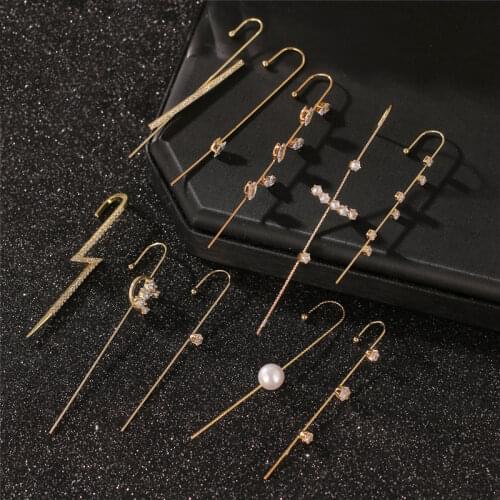 Fashion Ear Wrap Crawler Hook Earrings Shiny Zirconia Stud Earrings For Women Gold Plated Copper Alloy Crystal Cuff Earrings New