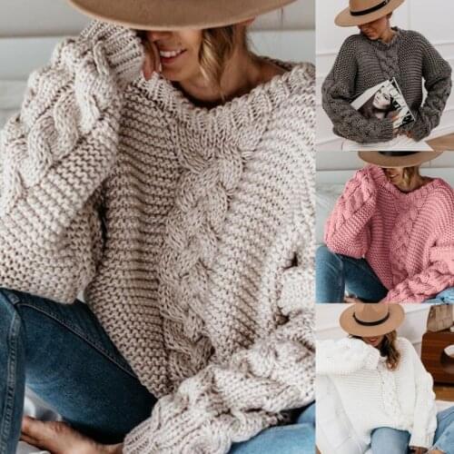 Women Winter V-Neck Sweater Chunky Braided Cable Knitted Pullover Top 2020 Lady Long Sleeve Solid Color Casual Loose Jumper Top