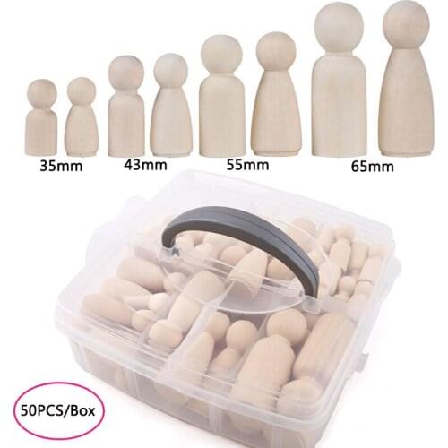 50pc (35mm,43mm,55mm,65mm) Wooden Peg Dolls Set With Box DIY Wooden Dolls Nursery Home Decoration Men Women Wood Peg dolls Set