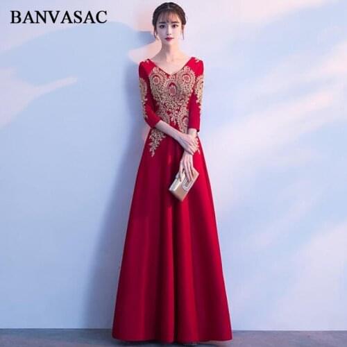 BANVASAC V Neck Elegant Gold Lace Appliques A Line Long Evening Dresses Party Satin Zipper Back Prom Gowns