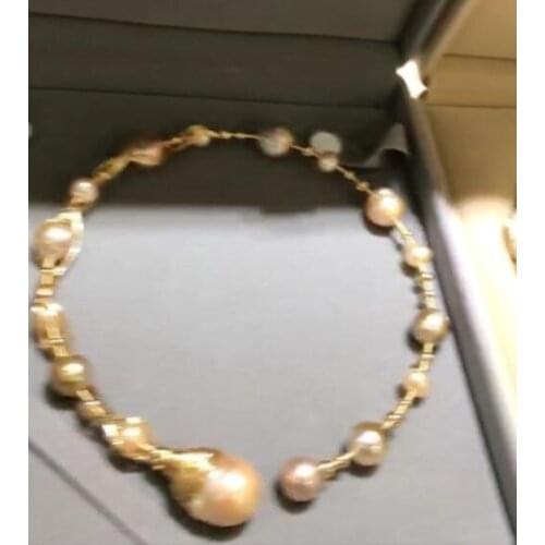 Free shipping >>>>noble jewelry Handmade natural pink baroque kasumi pearl necklace 9K Gold