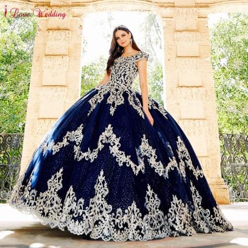 Glitter Tulle Lace Ball Gown Royal Blue Quinceanera Dresses Appliques Sweet 16 Dress Pageant Gowns vestido de 15