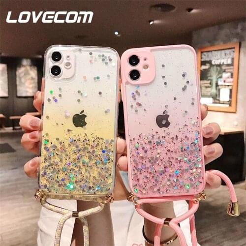LOVECOM Glitter Clear Case With Hanging Rope For iPhone 12 Mini 11 XS Pro Max SE 2020 X XR 7 8 Plus Case Soft Phone Back Cover