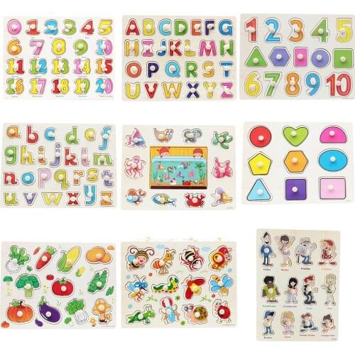 Wooden Alphabet Digit Jigsaw Puzzle Grasp Board Kids Early Educational Toys improving eyehand coordinatio developing brain power