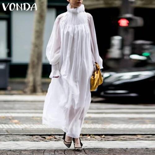 Long Maxi Dress 2021 VONDA Women Casual Long Sleeve Solid Color Party Dresses Loose Elegant Beach Sundress Femme Party Vestidos