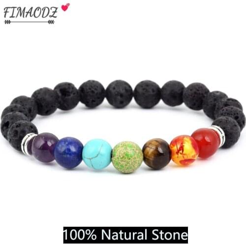FIMAODZ Real Natural Stone Beads Bracelet 7 Chakra Tiger Eye 8mm Stone Charm Bracelets For Men Women Fashion Yoga Bangles