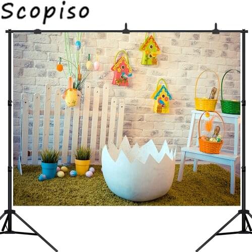 Scopiso Easter Photography Backdrop Chick Basket Eggs Gray Brick Wall Wooden Fence Grass Photo Backgrounds Photo Studio Props