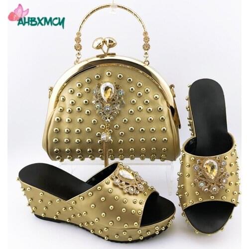 Leisure Italian Women Design Shoes Matching Bag in Golden Color Mature African Ladies Shoes and Bag Seti with River For Wedding